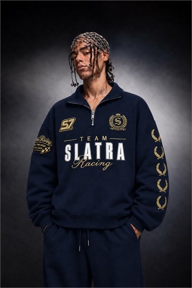 Erkek Lacivert Team Racing Oversize Half Zip Sweatshirt