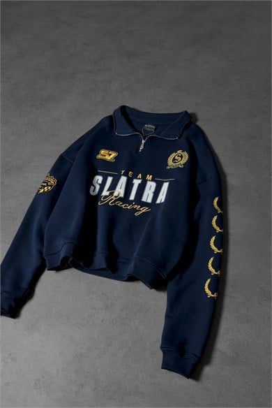Erkek Lacivert Team Racing Oversize Half Zip Sweatshirt