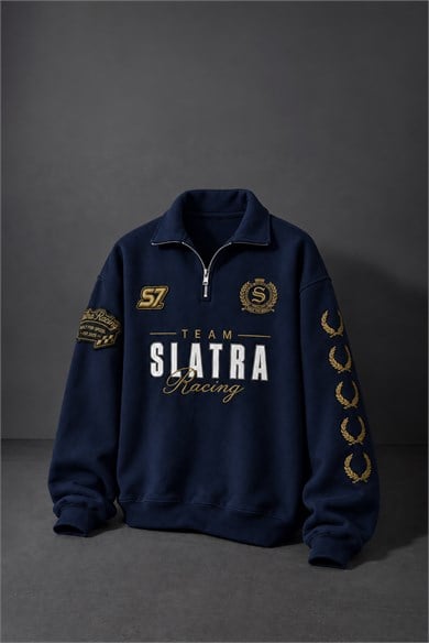 Erkek Lacivert Team Racing Oversize Half Zip Sweatshirt