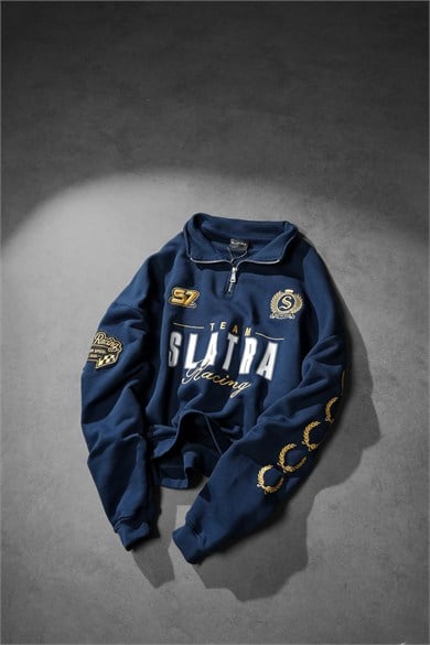 Erkek Lacivert Team Racing Oversize Half Zip Sweatshirt