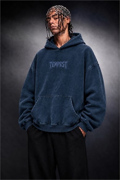 Erkek Lacivert Tempest Özel Yıkamalı Oversize Hoodie