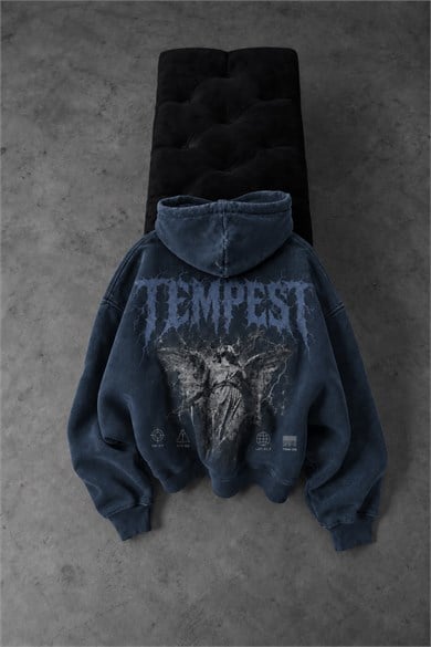 Erkek Lacivert Tempest Özel Yıkamalı Oversize Hoodie