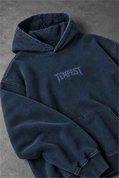 Erkek Lacivert Tempest Özel Yıkamalı Oversize Hoodie