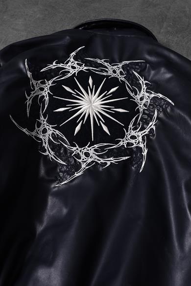 Erkek Lacivert Thorn Nakışlı Astarlı Bomber Deri Ceket