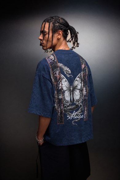 Erkek Lacivert Trace Patch Box Fit Yıkama Efektli Tshirt