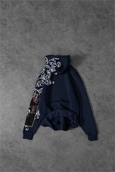 Erkek Lacivert Victories Kol Patch Oversize Hoodie