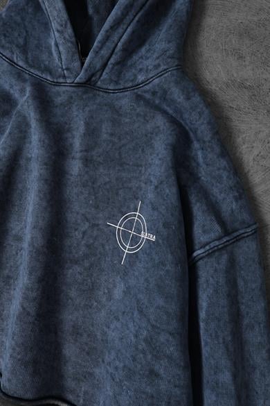 Erkek Lacivert Who Baskılı Yıkamalı Kapüşonlu Oversize Sweatshirt