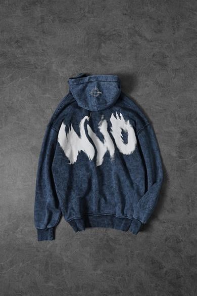 Erkek Lacivert Who Baskılı Yıkamalı Kapüşonlu Oversize Sweatshirt
