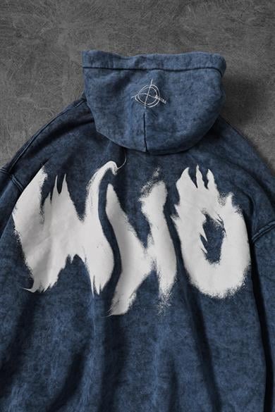 Erkek Lacivert Who Baskılı Yıkamalı Kapüşonlu Oversize Sweatshirt