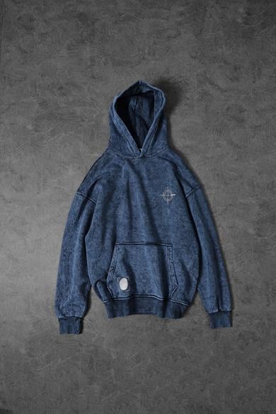 Erkek Lacivert Who Baskılı Yıkamalı Kapüşonlu Oversize Sweatshirt