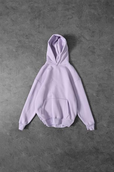 Erkek Lila Basic Kapüşonlu Oversize Sweatshirt