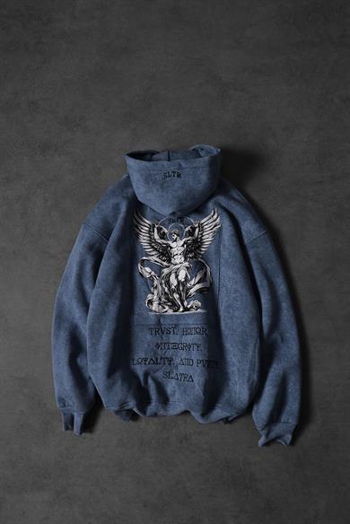 Erkek Mavi Antik Desen Nakışlı Yıkamalı Oversize Kapüşonlu Sweatshirt