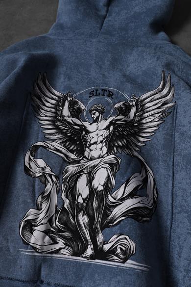 Erkek Mavi Antik Desen Nakışlı Yıkamalı Oversize Kapüşonlu Sweatshirt