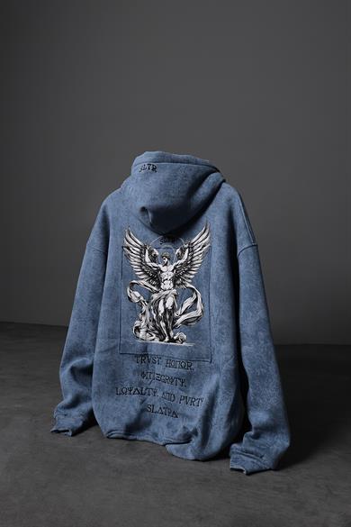 Erkek Mavi Antik Desen Nakışlı Yıkamalı Oversize Kapüşonlu Sweatshirt