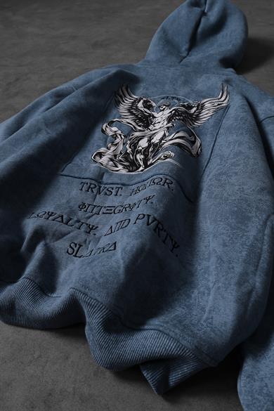 Erkek Mavi Antik Desen Nakışlı Yıkamalı Oversize Kapüşonlu Sweatshirt