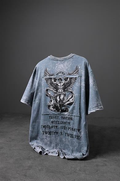 Erkek Mavi Antik Desen Patchli Nakışlı Yıkamalı Oversize Tshirt
