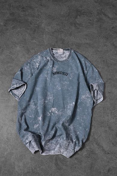 Erkek Mavi Antik Desen Patchli Nakışlı Yıkamalı Oversize Tshirt