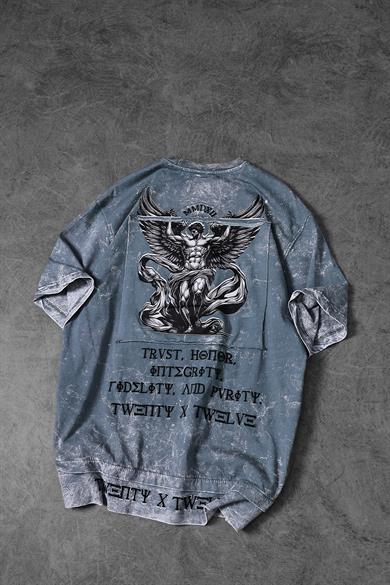 Erkek Mavi Antik Desen Patchli Nakışlı Yıkamalı Oversize Tshirt