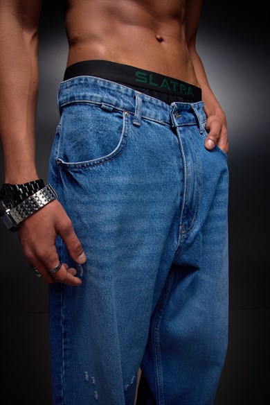 Erkek Mavi Baggy Denim Pantolon