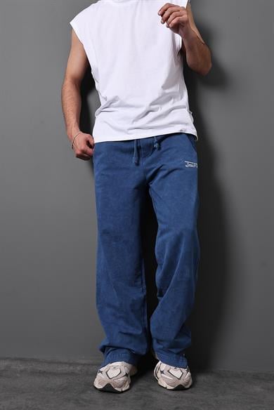 Erkek Mavi Baskılı Yıkamalı Baggy Kalıp Eşofman