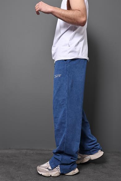 Erkek Mavi Baskılı Yıkamalı Baggy Kalıp Eşofman