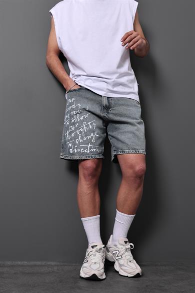 Erkek Mavi Change Direction Taşlı Diz Üstü Denim Şort