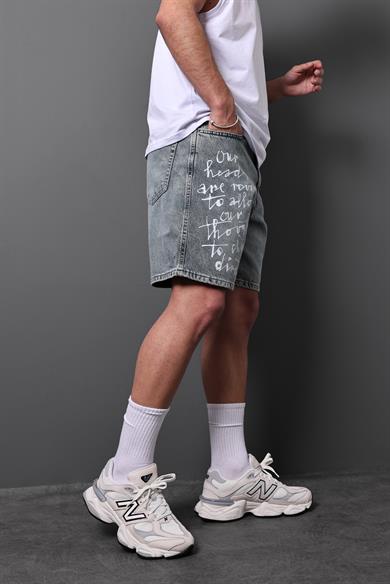 Erkek Mavi Change Direction Taşlı Diz Üstü Denim Şort