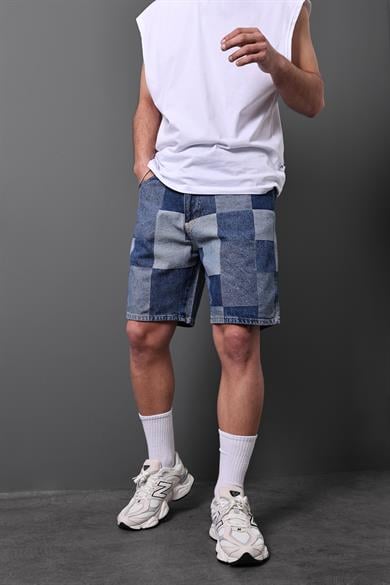 Erkek Mavi Damalı Diz Üstü Denim Şort