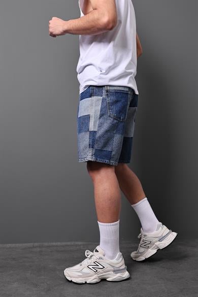 Erkek Mavi Damalı Diz Üstü Denim Şort
