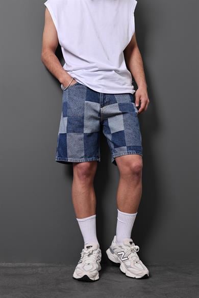 Erkek Mavi Damalı Diz Üstü Denim Şort