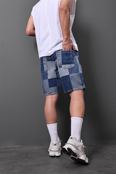 Erkek Mavi Damalı Diz Üstü Denim Şort
