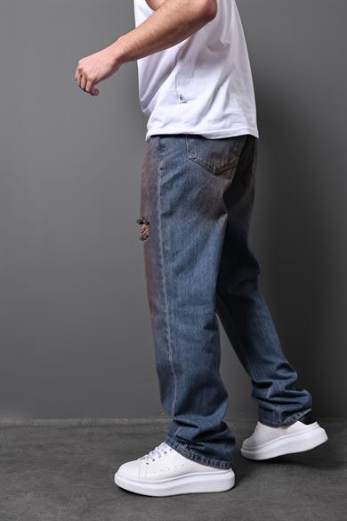 Erkek Mavi Eskitme Efektli Yırtık Detay Baggy Pantolon