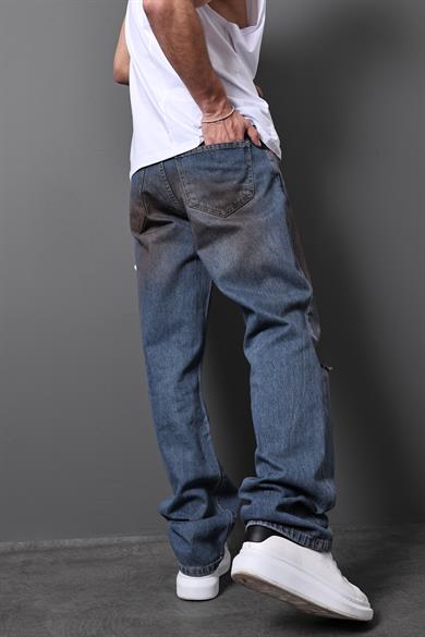 Erkek Mavi Eskitme Efektli Yırtık Detay Baggy Pantolon