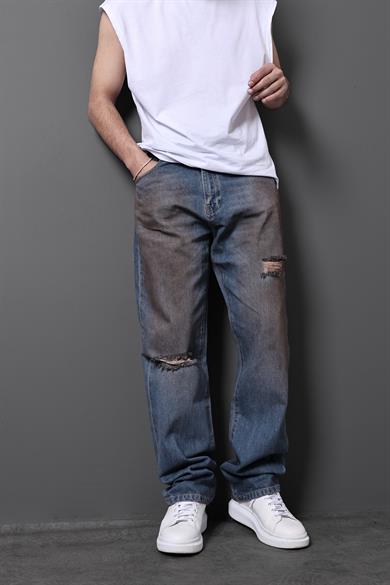 Erkek Mavi Eskitme Efektli Yırtık Detay Baggy Pantolon