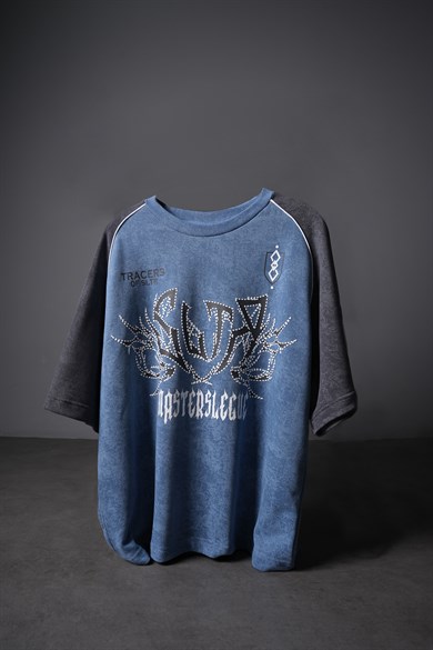 Erkek Mavi Masters Baskılı Yıkama Efektli Oversize Tshirt