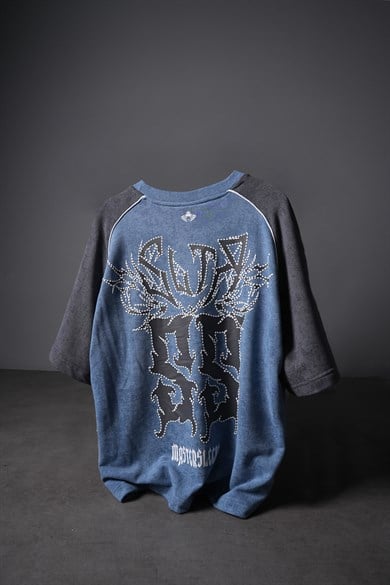 Erkek Mavi Masters Baskılı Yıkama Efektli Oversize Tshirt