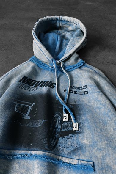 Erkek Mavi Moving Faster Özel Yıkamalı Oversize Kapüşonlu Sweatshirt