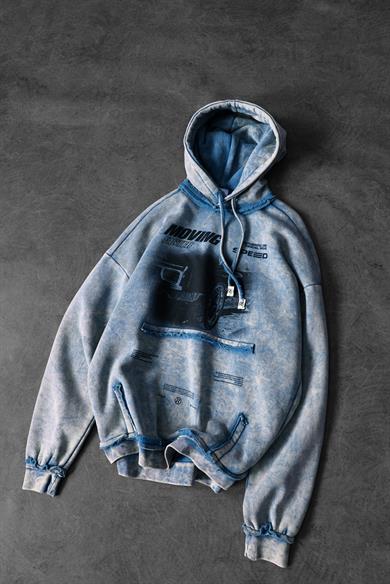 Erkek Mavi Moving Faster Özel Yıkamalı Oversize Kapüşonlu Sweatshirt