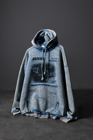 Erkek Mavi Moving Faster Özel Yıkamalı Oversize Kapüşonlu Sweatshirt