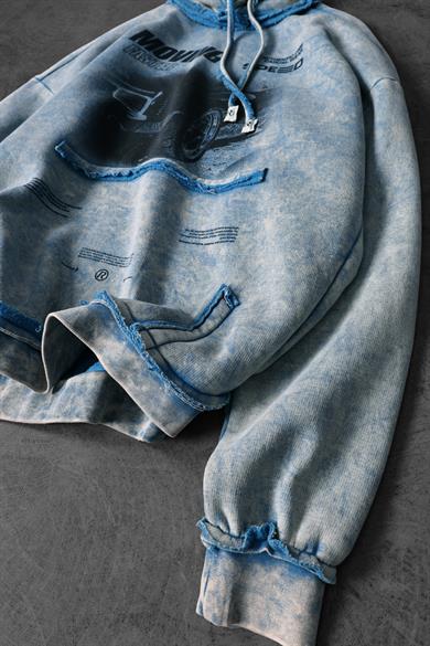 Erkek Mavi Moving Faster Özel Yıkamalı Oversize Kapüşonlu Sweatshirt