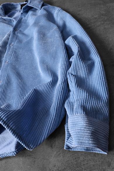 Erkek Mavi Oversize Kadife Kumaş Gömlek