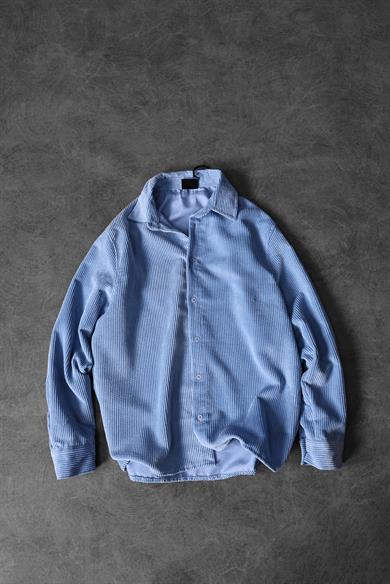 Erkek Mavi Oversize Kadife Kumaş Gömlek