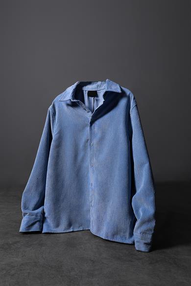 Erkek Mavi Oversize Kadife Kumaş Gömlek