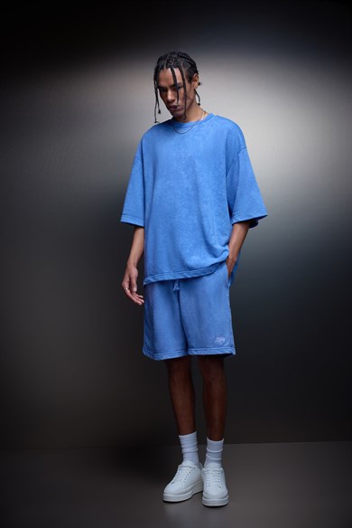 Erkek Mavi Oversize Yıkama Efektli Basic Tshirt