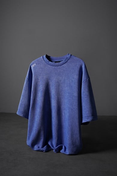 Erkek Mavi Oversize Yıkama Efektli Basic Tshirt
