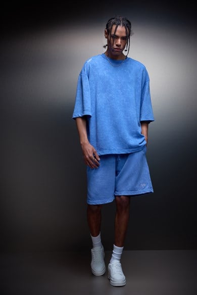 Erkek Mavi Oversize Yıkama Efektli Basic Tshirt