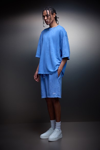 Erkek Mavi Oversize Yıkama Efektli Basic Tshirt