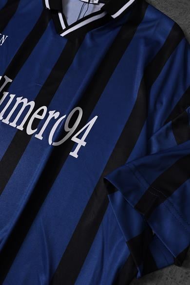 Erkek Mavi-Siyah Şeritli LN94 Baskılı Oversize Forma Kumaş Tshirt