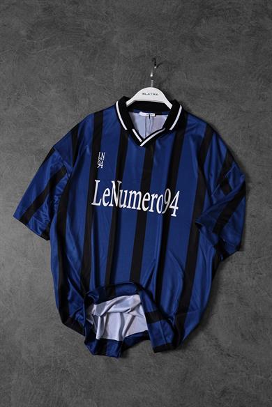Erkek Mavi-Siyah Şeritli LN94 Baskılı Oversize Forma Kumaş Tshirt