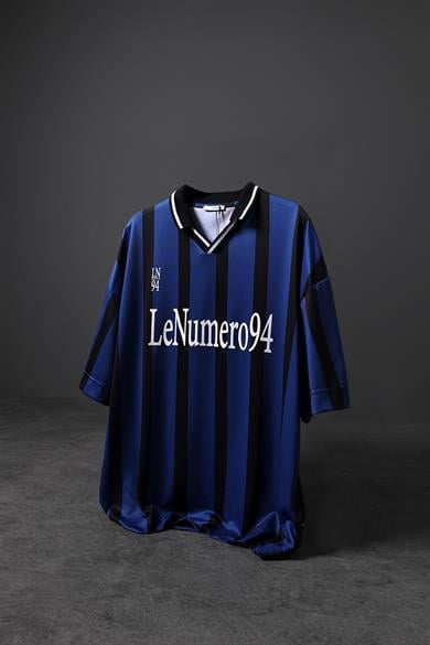 Erkek Mavi-Siyah Şeritli LN94 Baskılı Oversize Forma Kumaş Tshirt